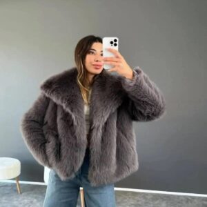 کاپشن زنانه خز خط دار برند Sinemkivanc رنگ خاکستری