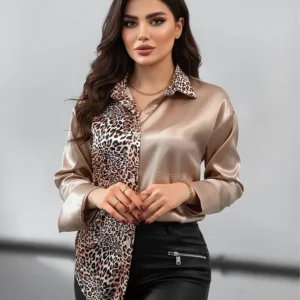 شومیز ساتن ابریشم طرح پلنگی نسکافه‌ای